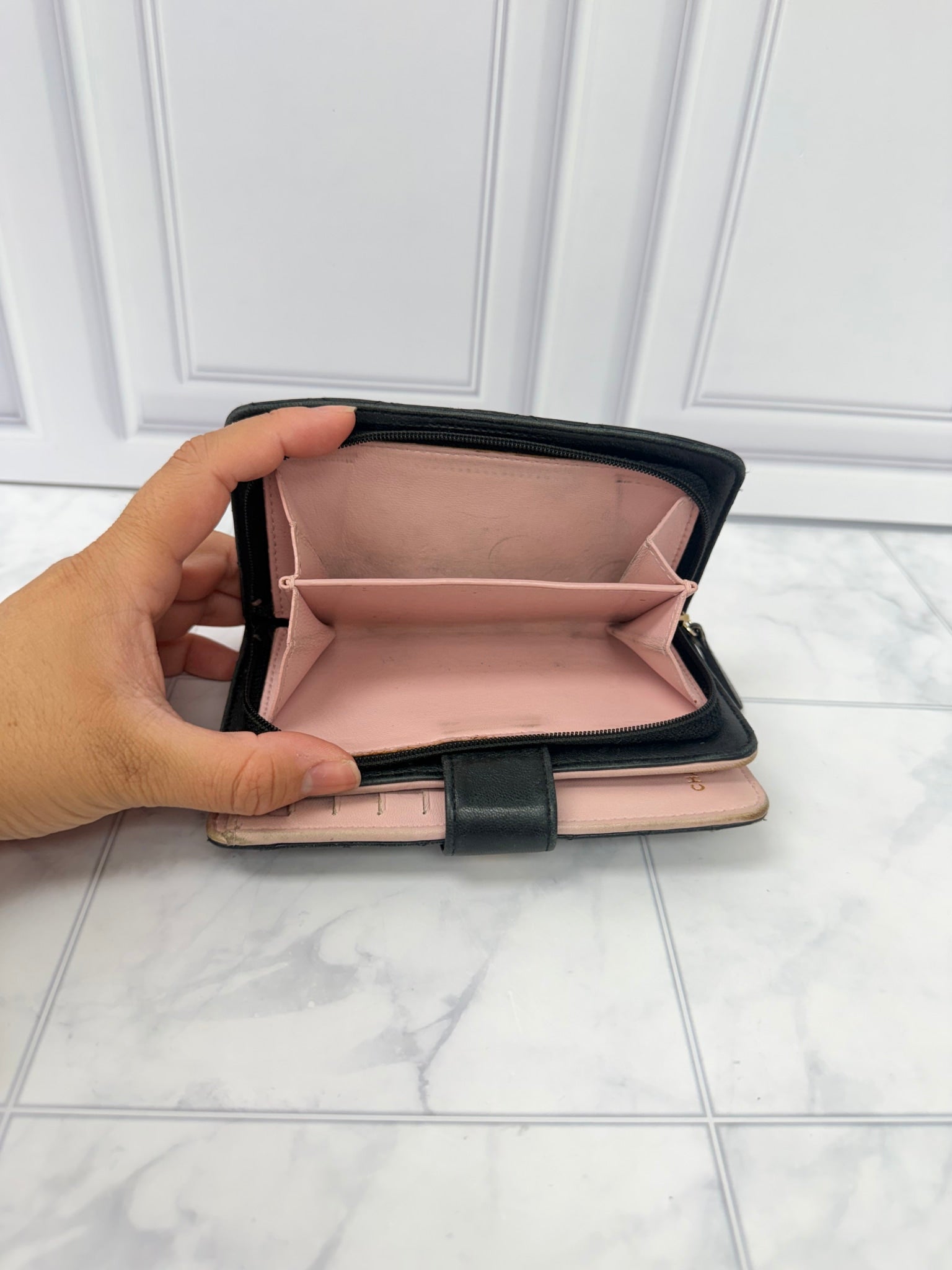 Chanel Black And Pink Lambskin Quilted French Wallet