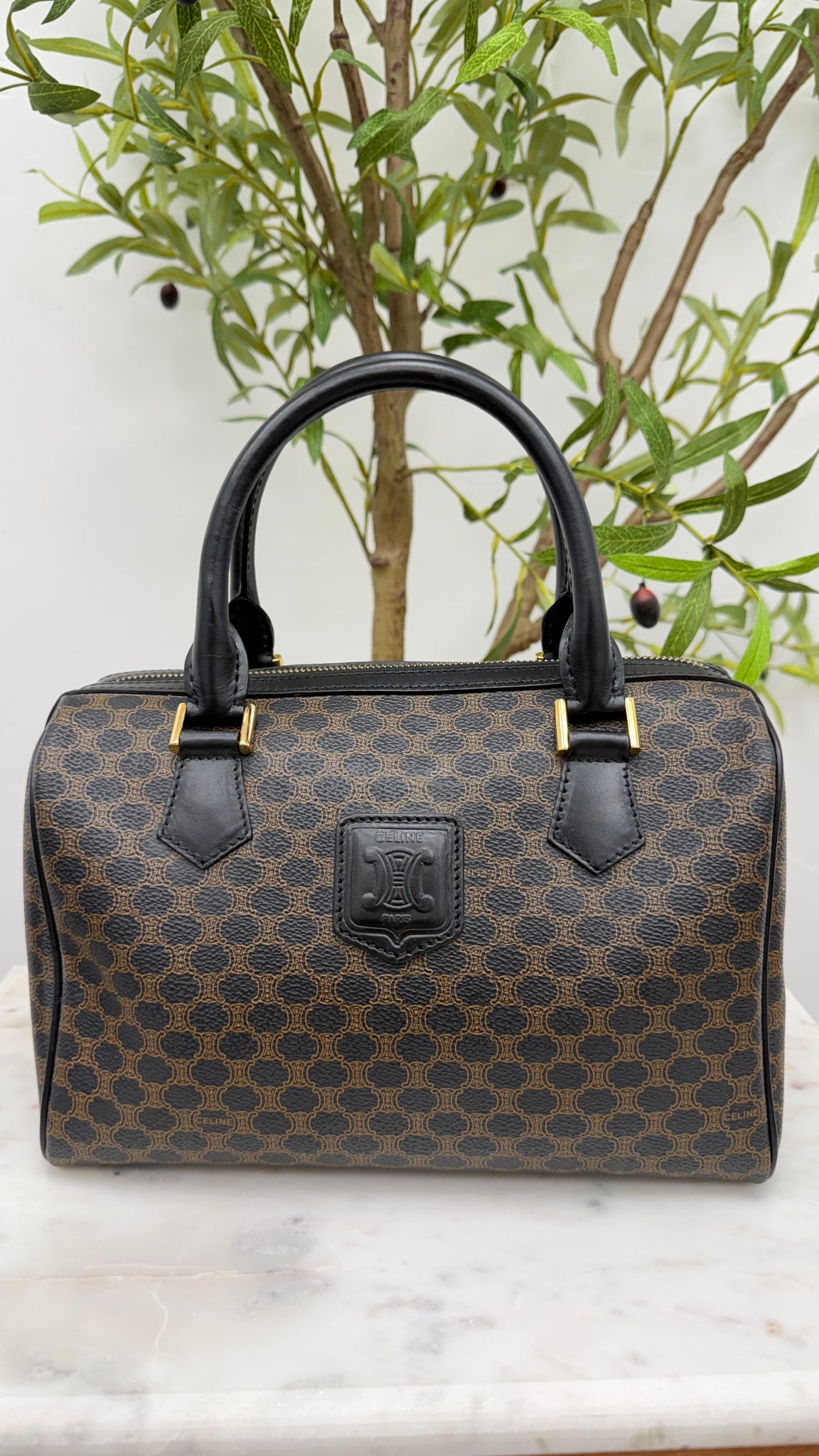 Celine Black Coated Canvas Macadam Boston Bag