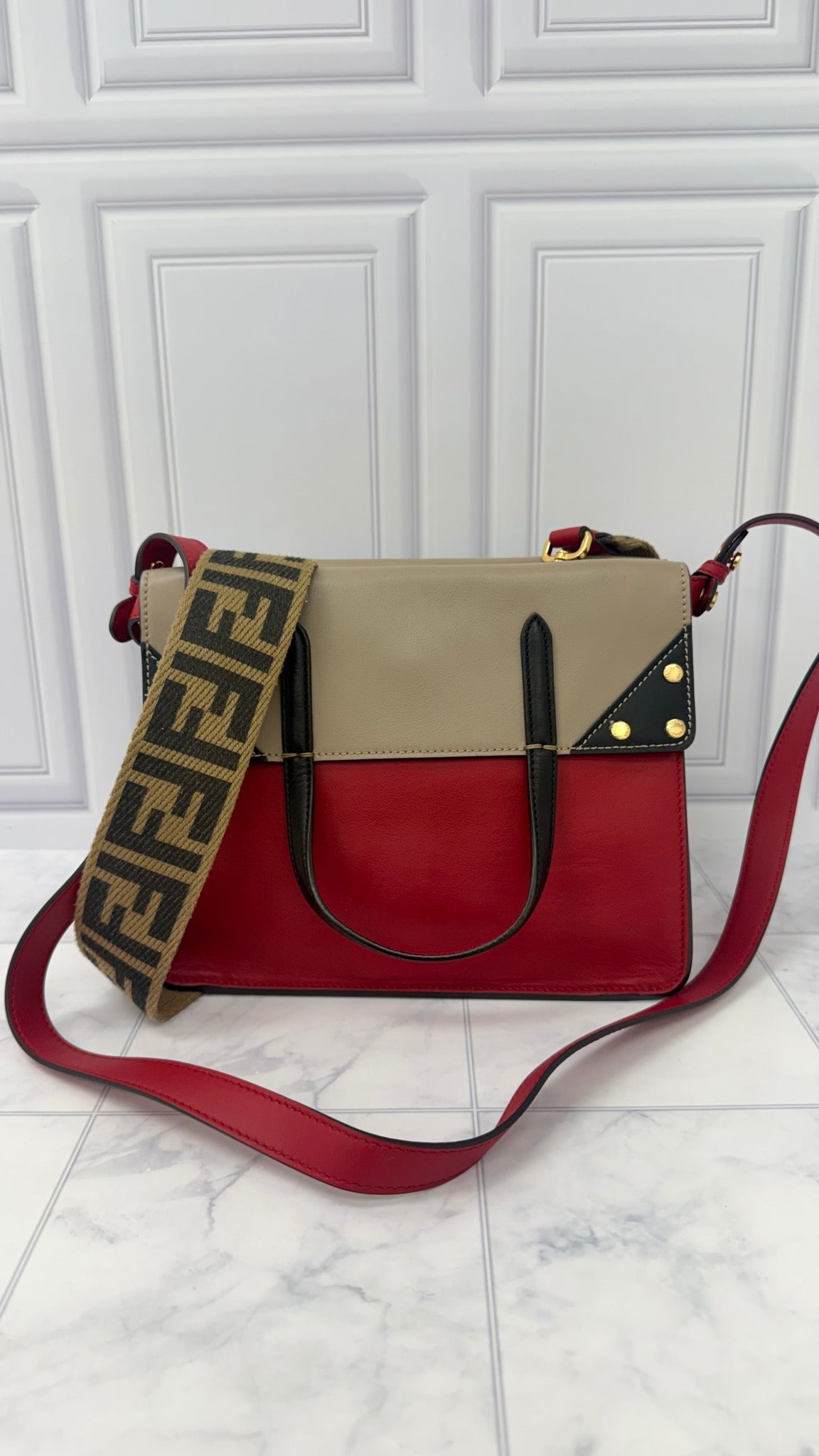 Fendi Red And Grey Leather Grace Small Flip 2Way Tote Bag 