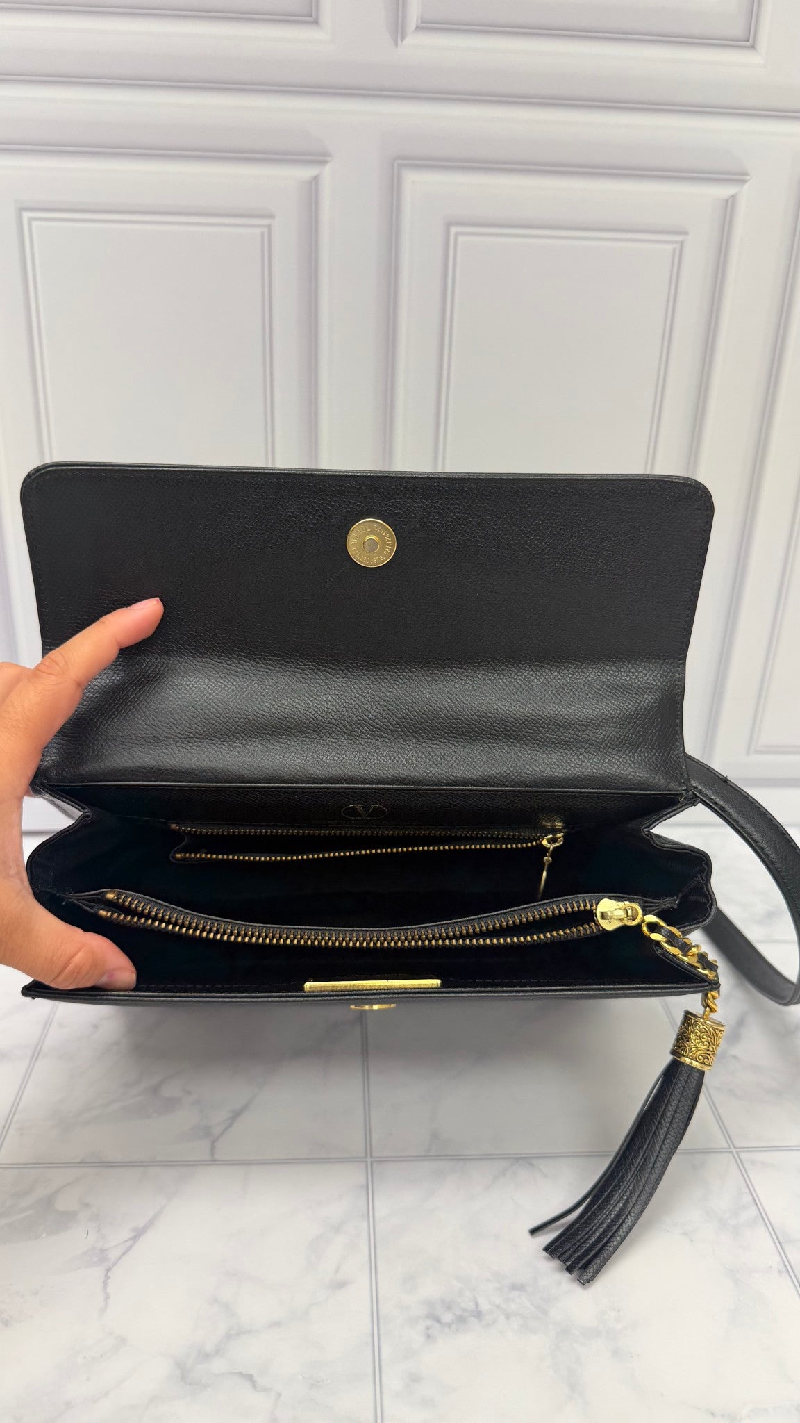 Valentino Black Grained Leather Top Handle Crossbody Bag 