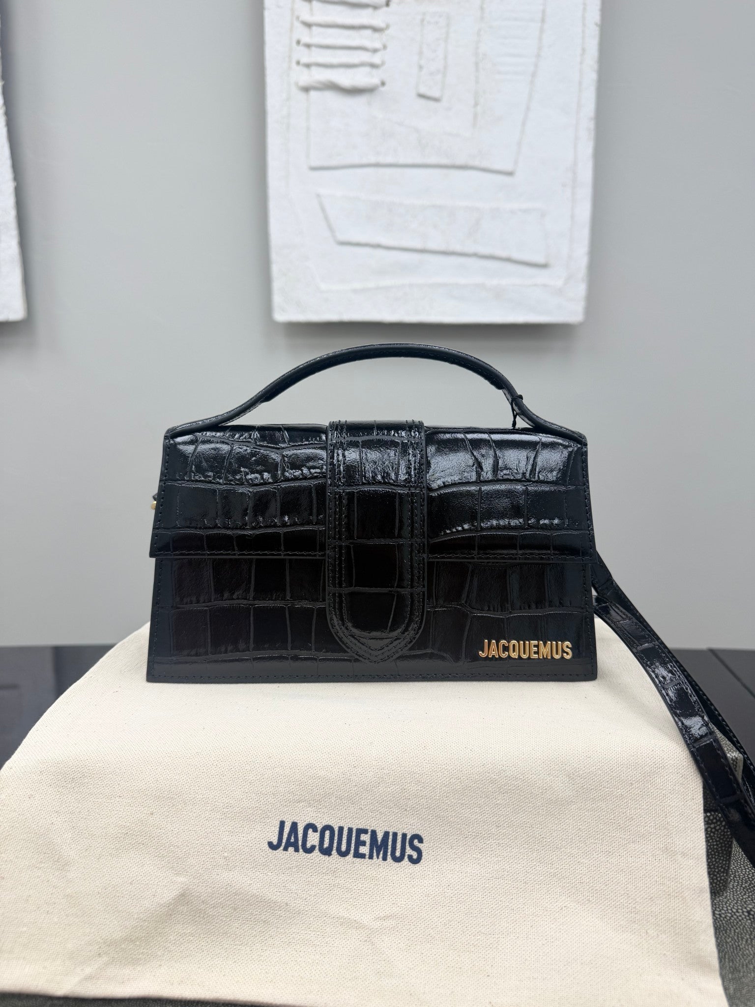 BRAND NEW - Jacquemus Black Croc Embossed Leather Le Grand Bambino 2Way Handbag