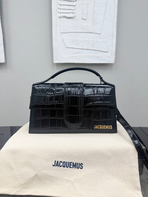 BRAND NEW - Jacquemus Black Croc Embossed Leather Le Grand Bambino 2Way Handbag