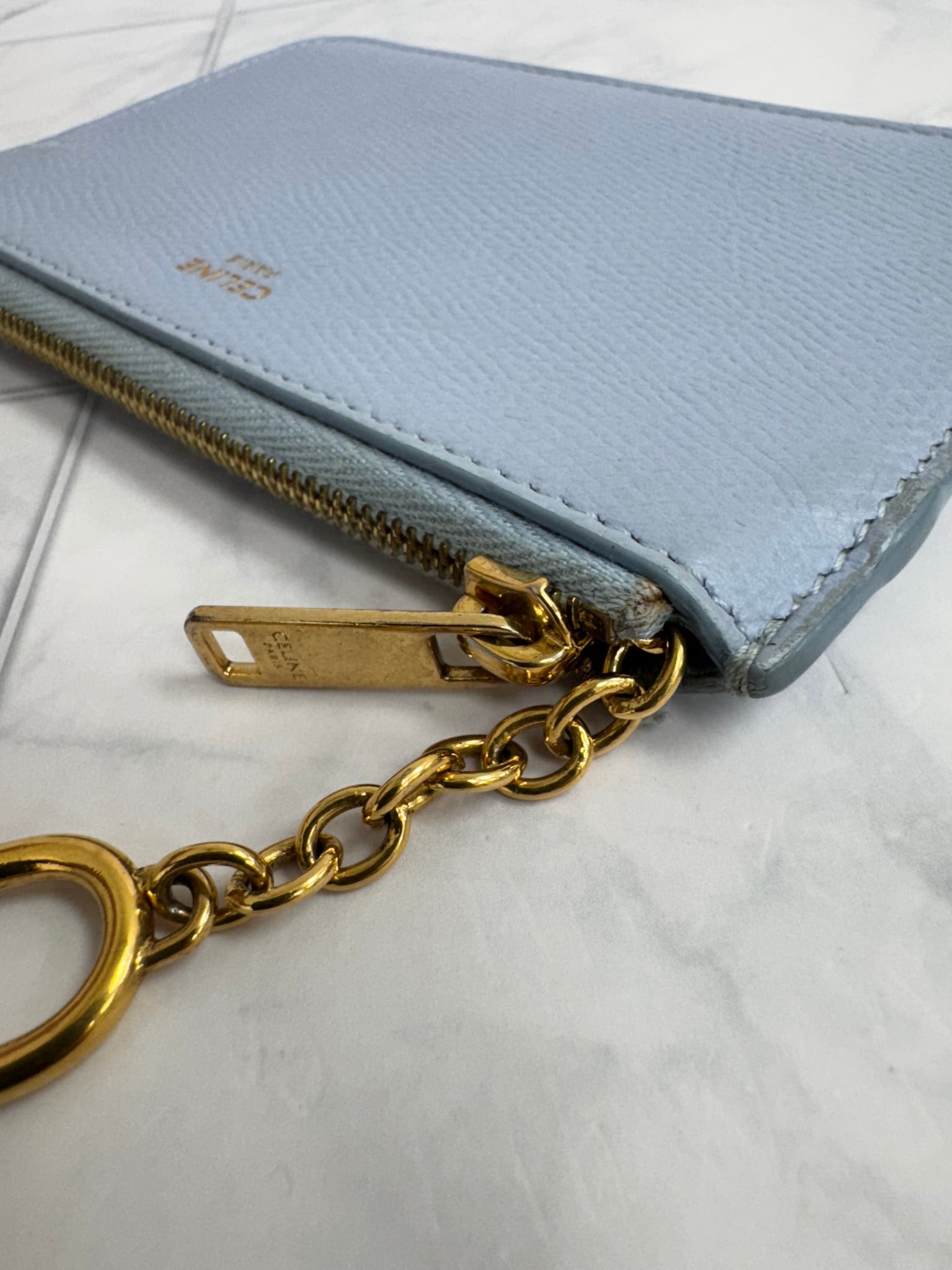 Celine Baby Blue Grained Leather Zippy Card Holder