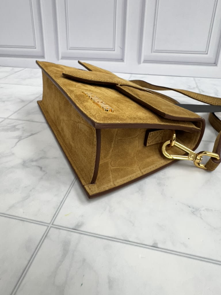 BRAND NEW - Jacquemus Camel Croc Embossed Suede Le Grand Bambino Handbag