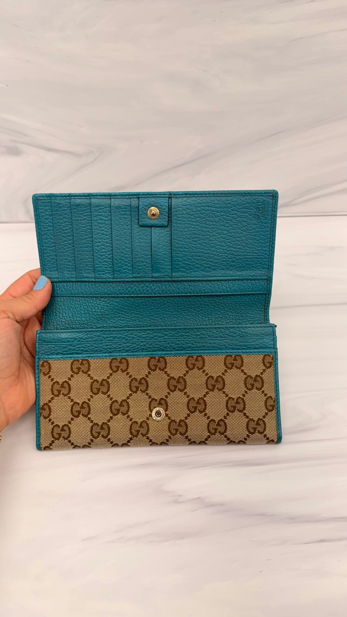 Gucci Brown And Teal GG Canvas Long Wallet 