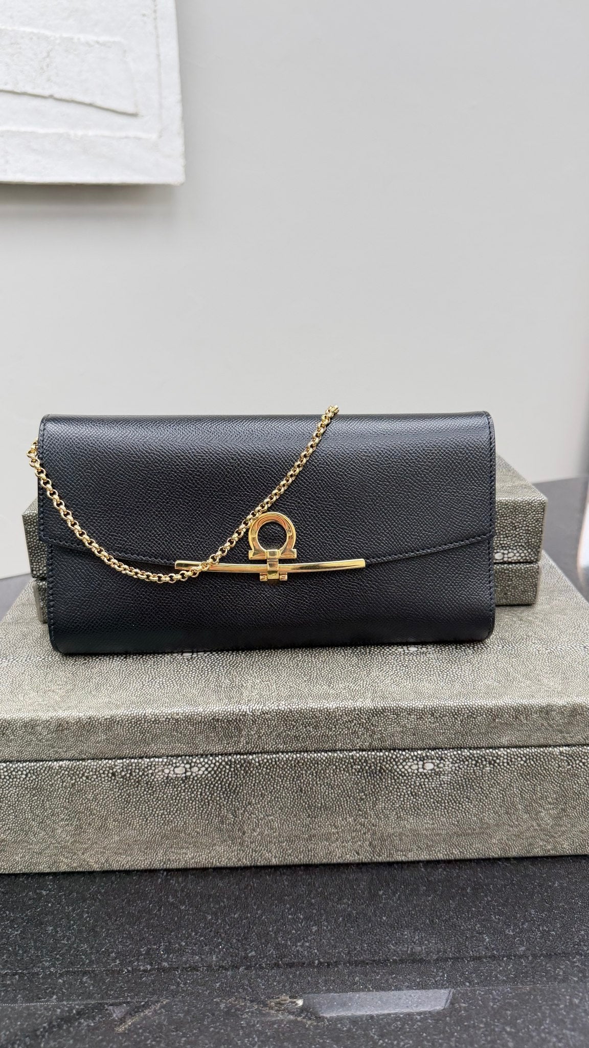 Salvatore Ferragamo Black Leather Clutch on a Chain