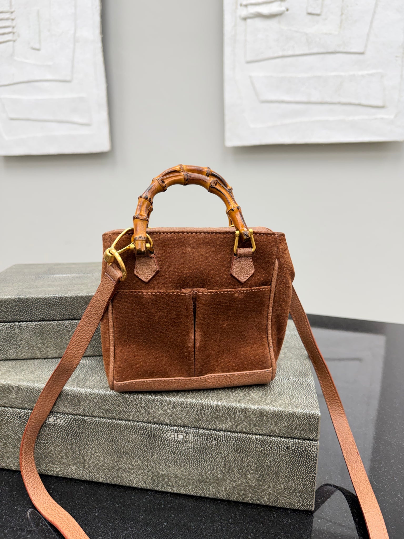 Gucci Brown Suede Leather Mini Bamboo 2Way Handbag 