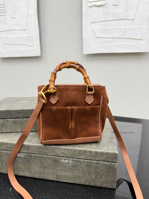 Gucci Brown Suede Leather Mini Bamboo 2Way Handbag