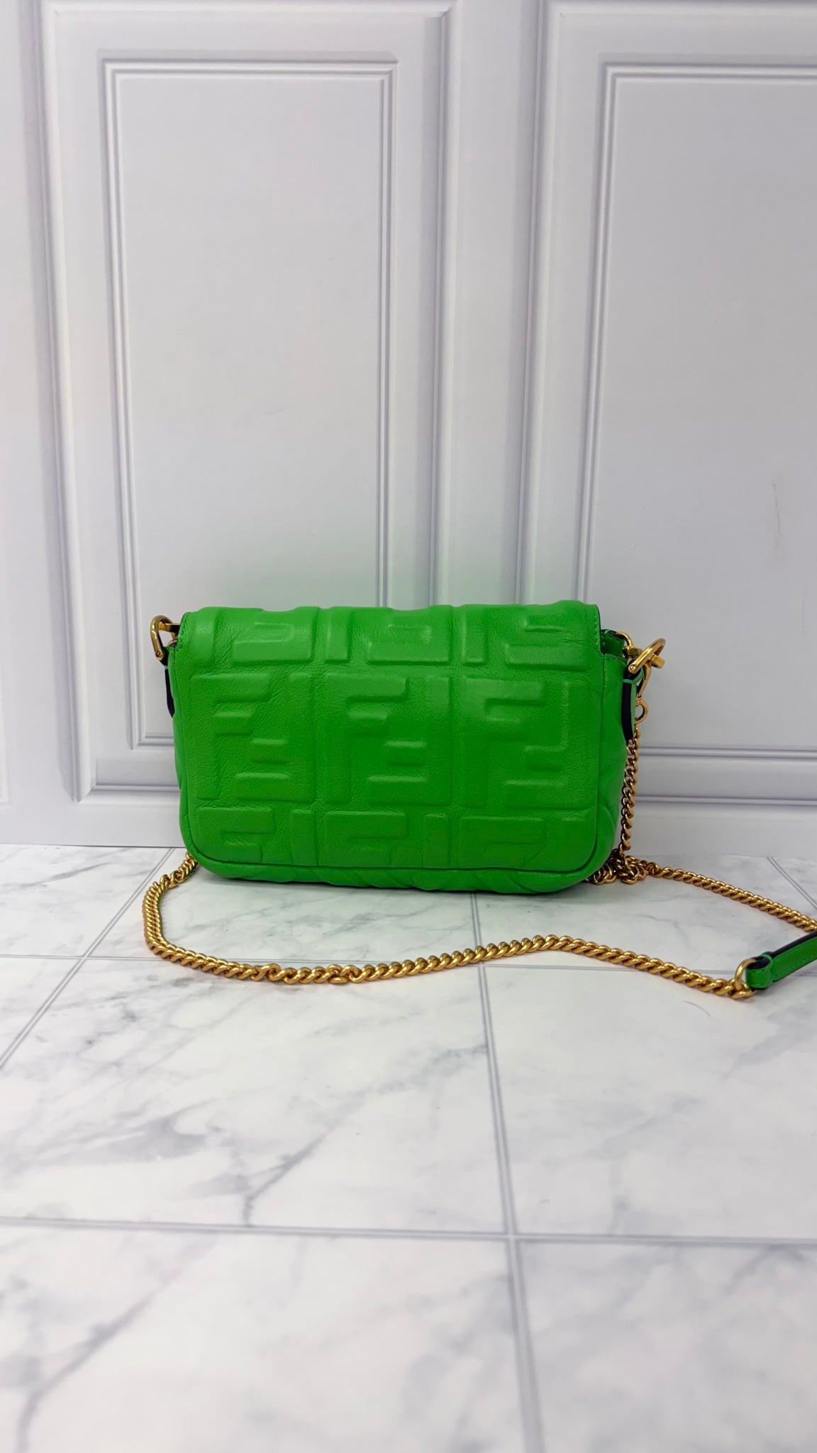 BRAND NEW - Fendi Green Leather Embossed Mini Baguette Chain Crossbody Bag 