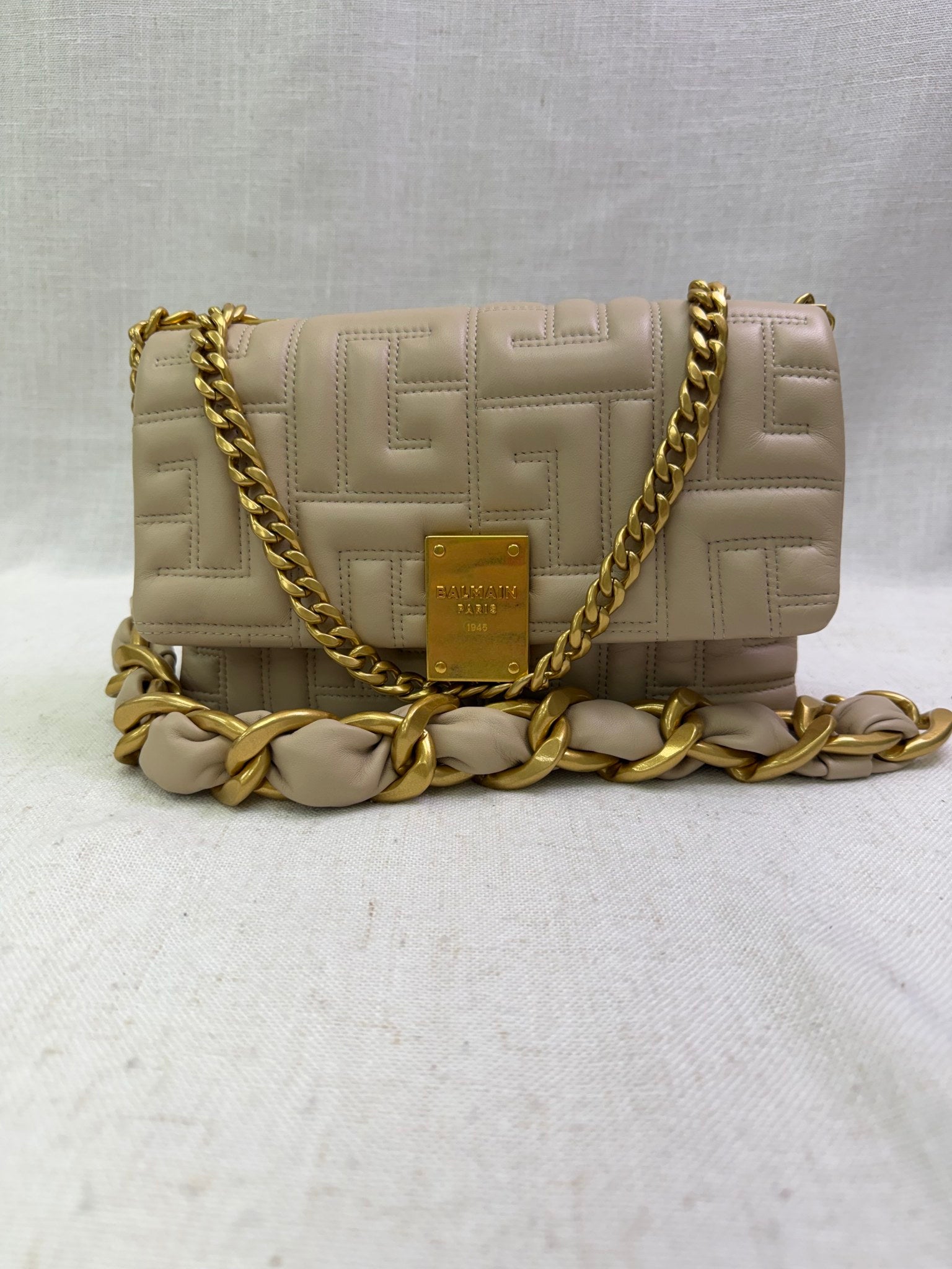 LIKE NEW- Balmain Beige Embossed Lambskin 1945 Shoulder Bag