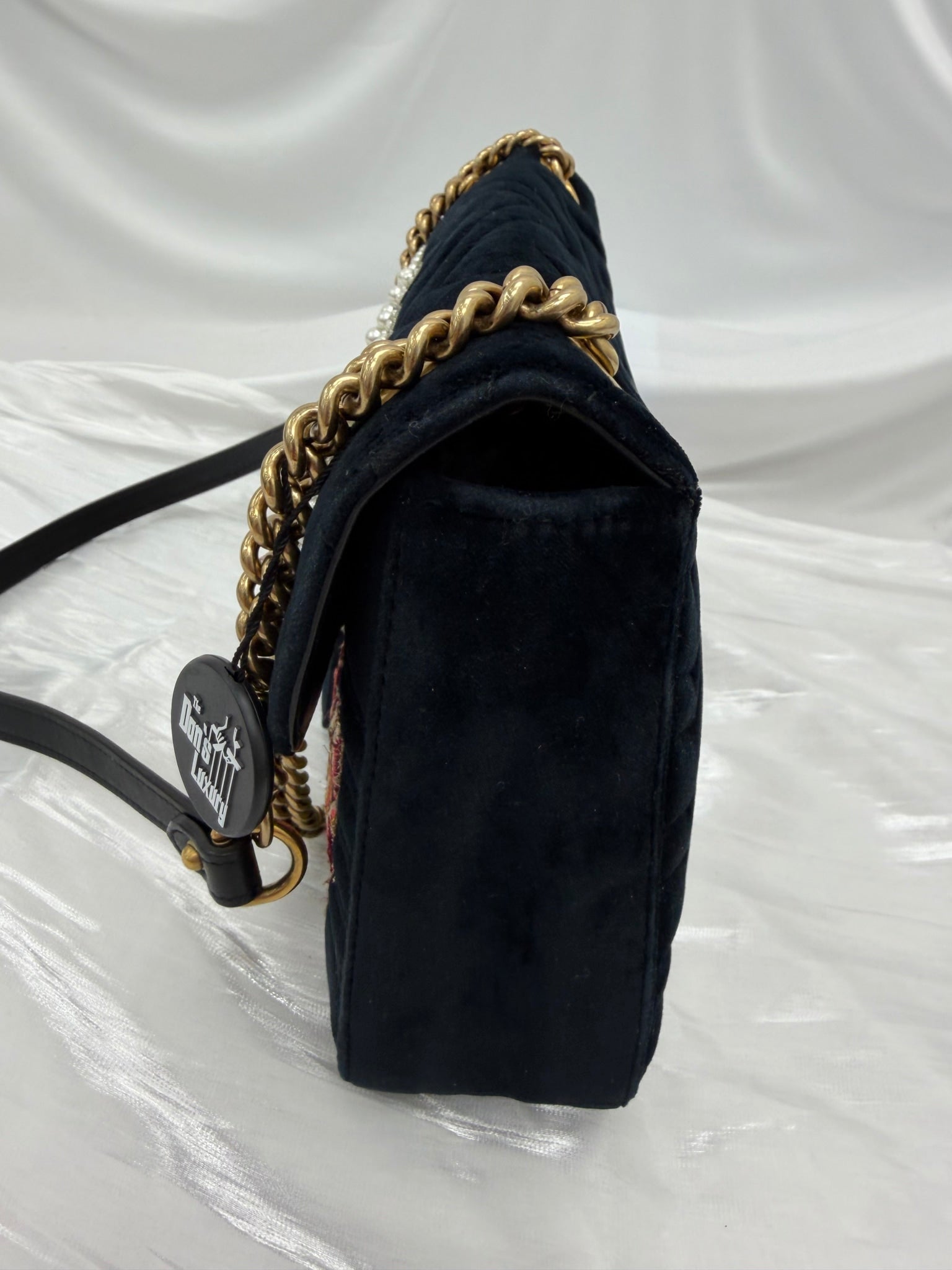 Gucci Black Velvet  "Loved" Embroidered Medium GG Marmont Crossbody