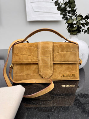 BRAND NEW - Jacquemus Camel Croc Embossed Suede Le Grand Bambino Handbag