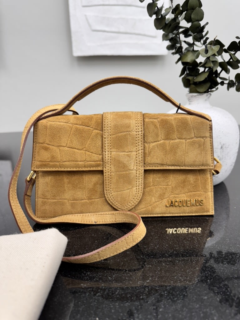 BRAND NEW - Jacquemus Camel Croc Embossed Suede Le Grand Bambino Handbag