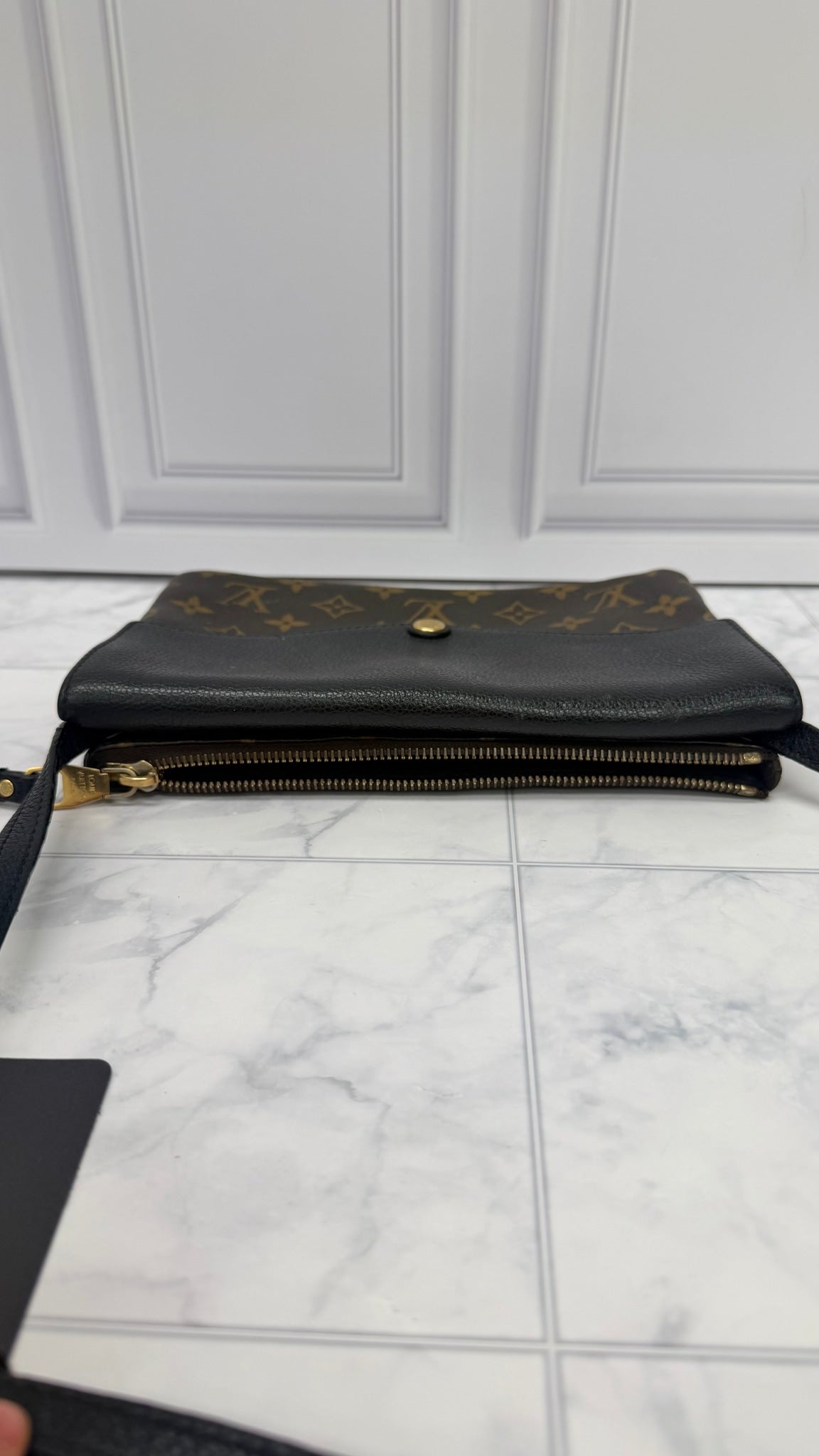 Louis Vuitton Monogram Black Leather Twice Pochette Crossbody Bag 