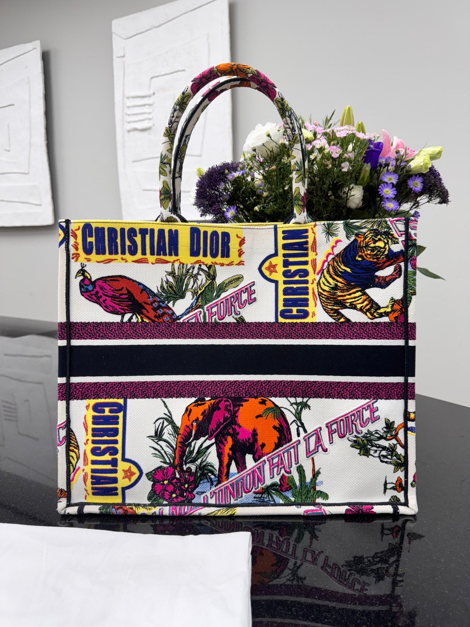 Christian Dior Multicolor Canvas Animal Embroidery Large Book Tote