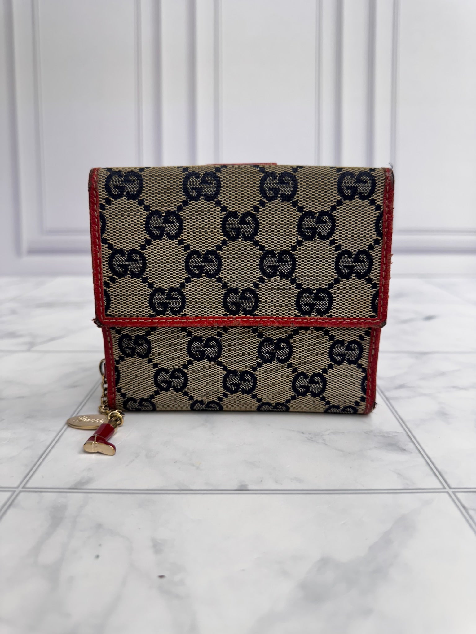 Gucci Blue GG Canvas And Red Trim Compact Wallet