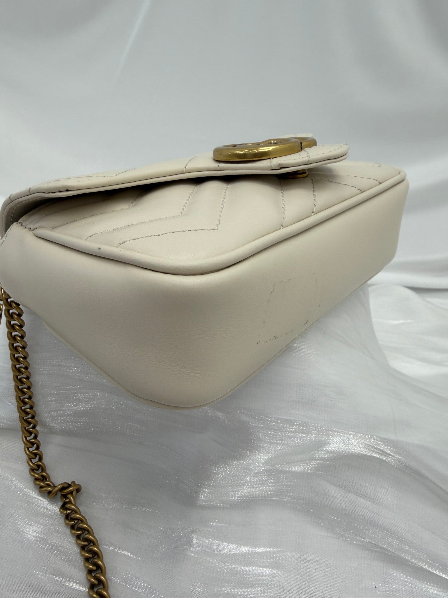 Gucci Ivory Leather Chevron Marmont Super Mini Bag