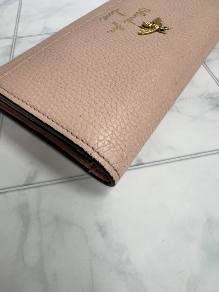 Gucci Light Pink Pebbled Leather Animalier Bee Long Wallet