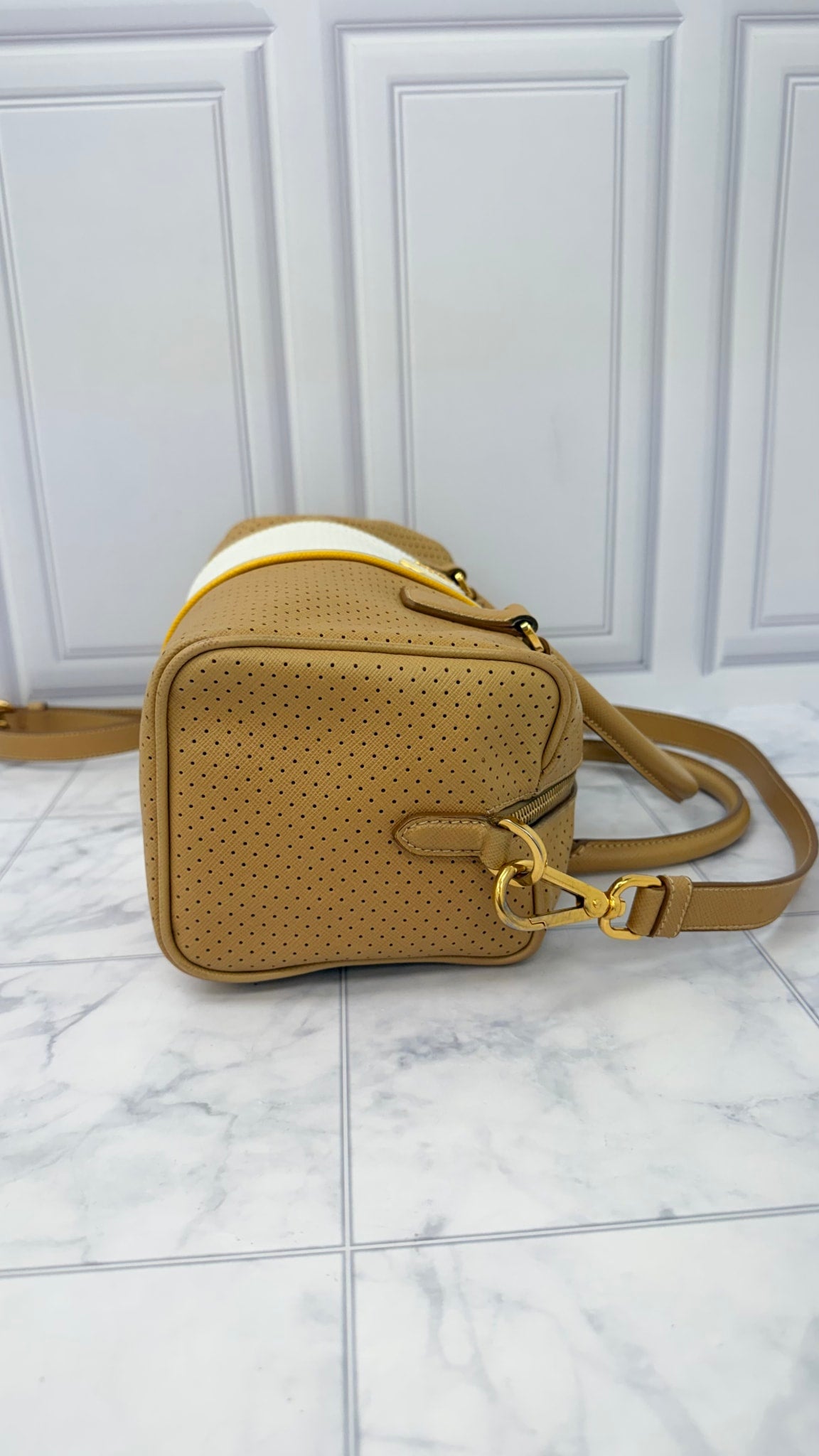 Prada Beige And White Perforated Saffiano Leather Boston Bag