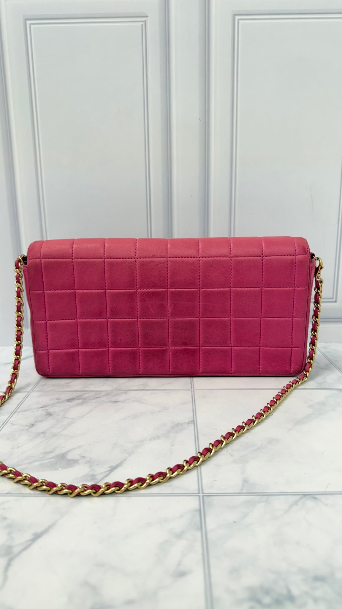 Chanel Hot Pink Lambskin Leather Chocolate Bar East West Flap Shoulder Bag 