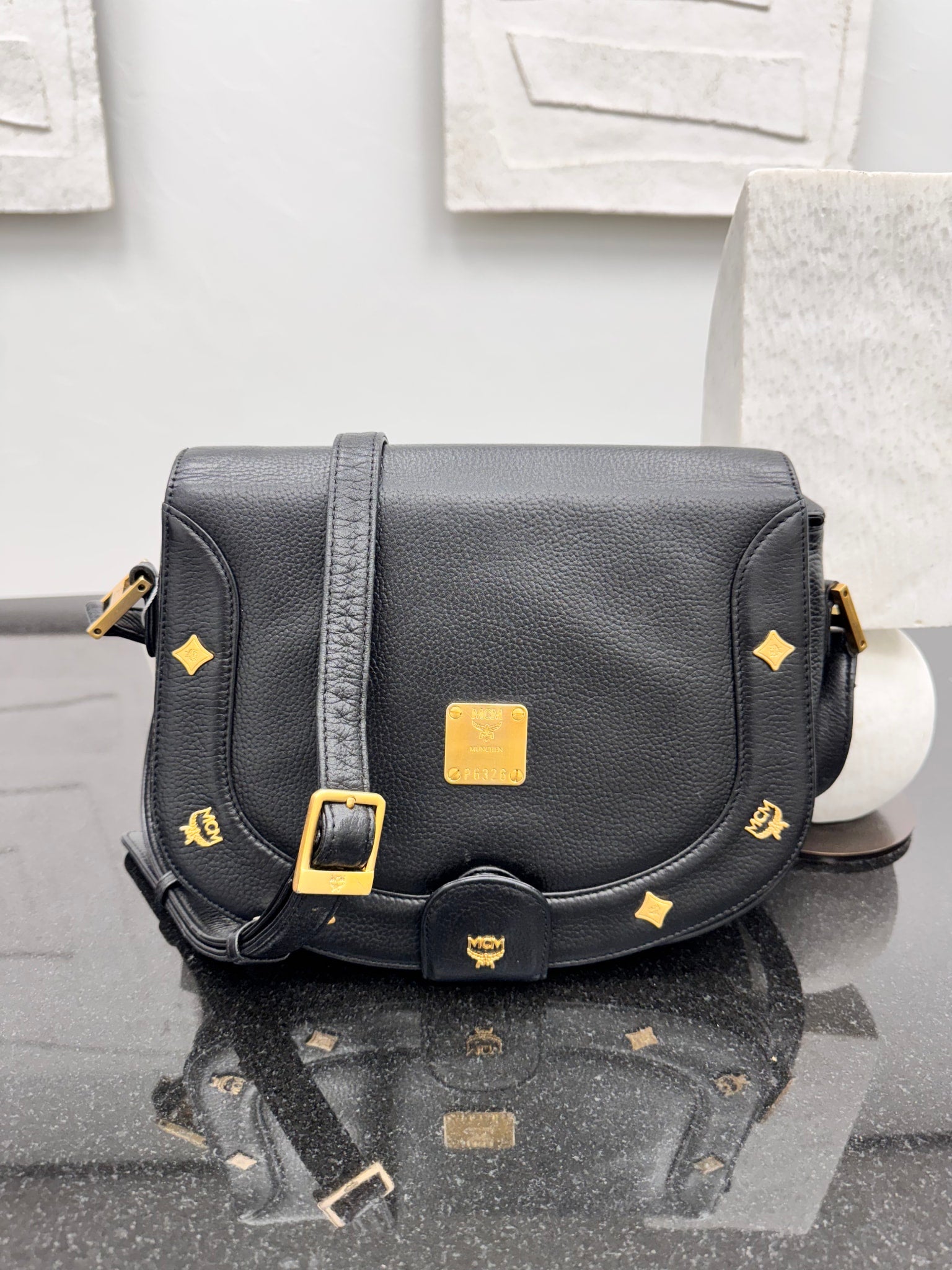 MCM Black Grained Leather Flap Crossbody Bag