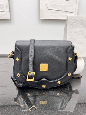 MCM Black Grained Leather Flap Crossbody Bag