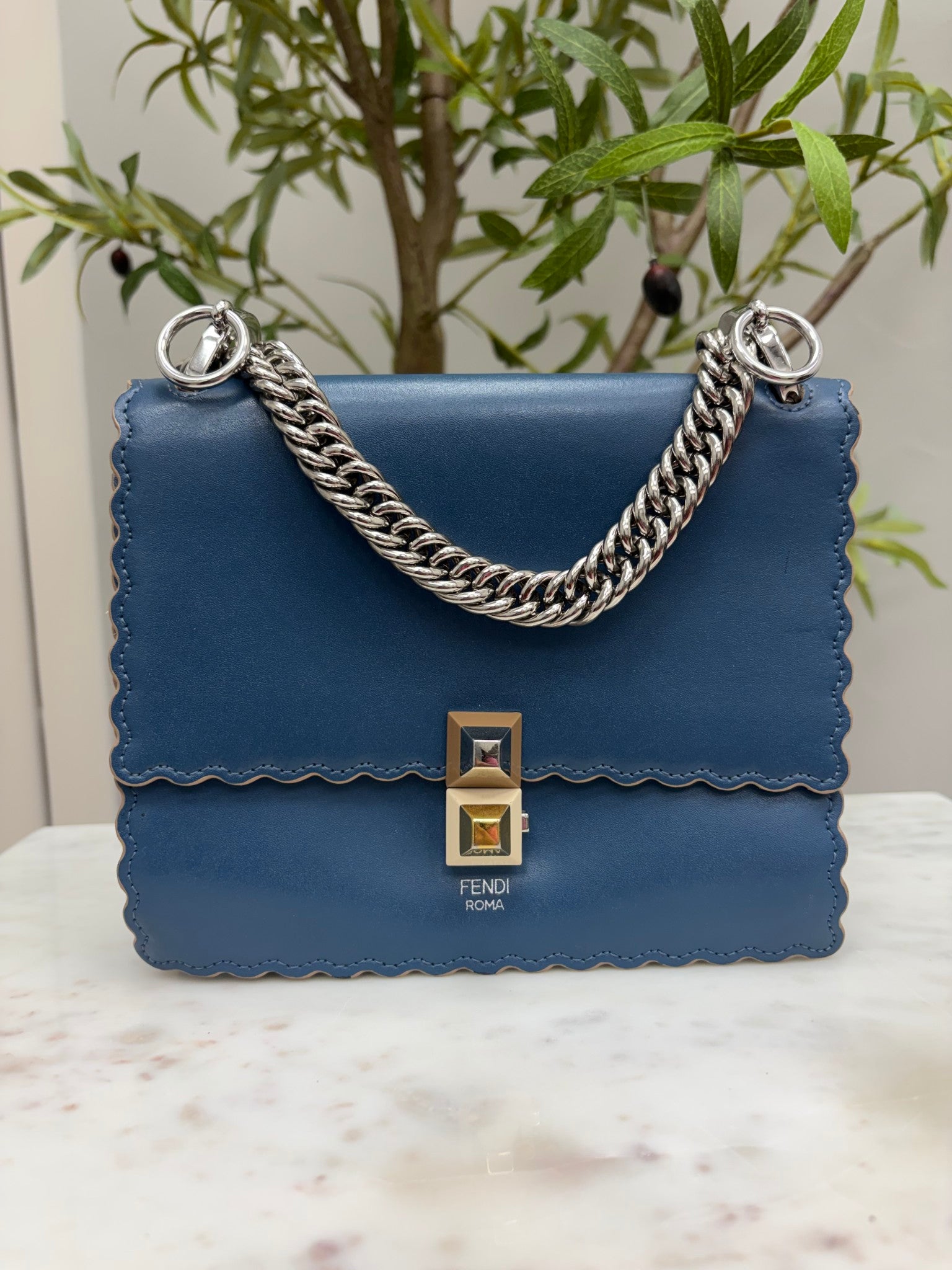 Fendi Blue Leather Kan Chain Shoulder Bag