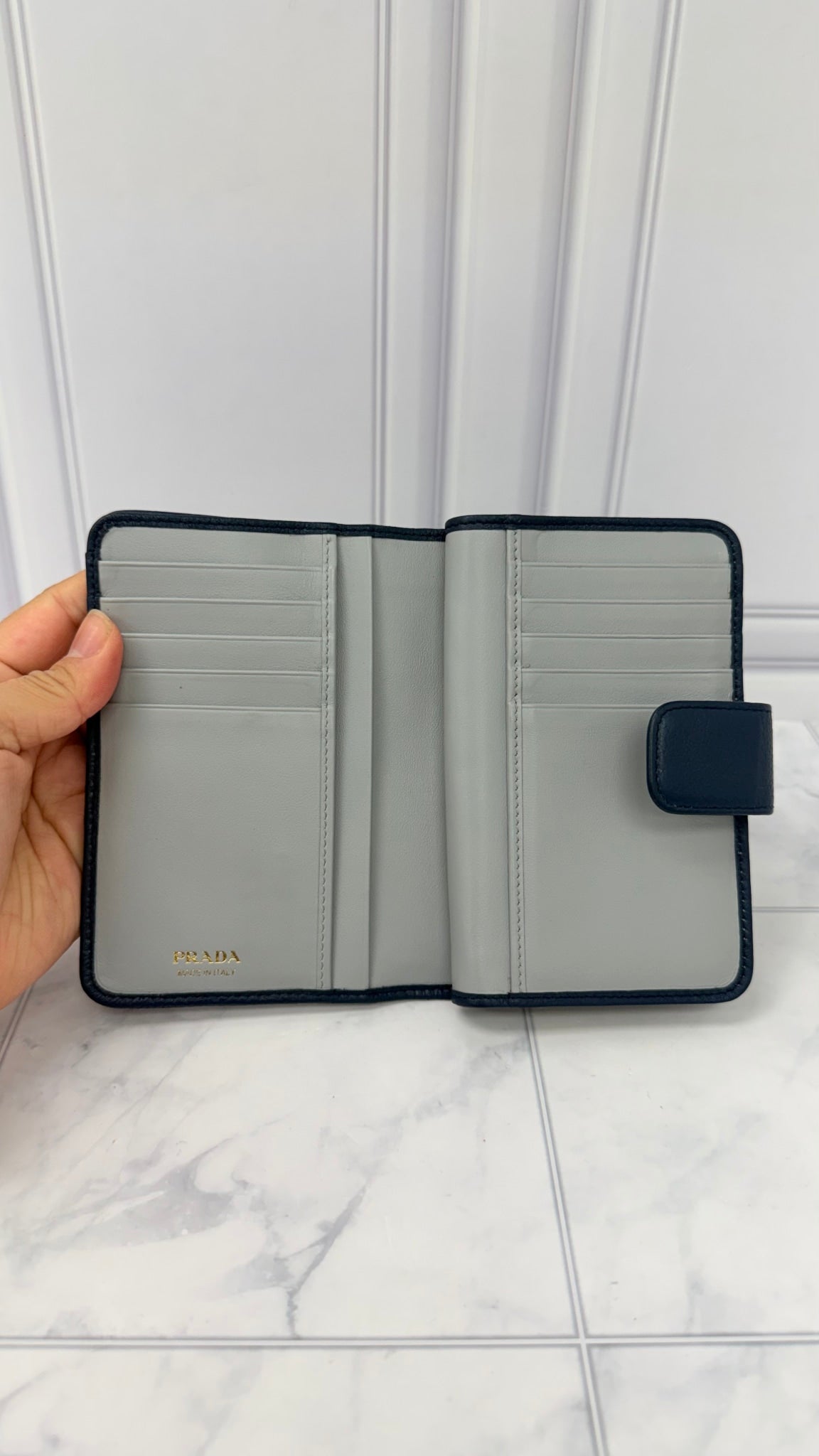 Prada Navy Blue Pebbled Leather Compact Wallet 