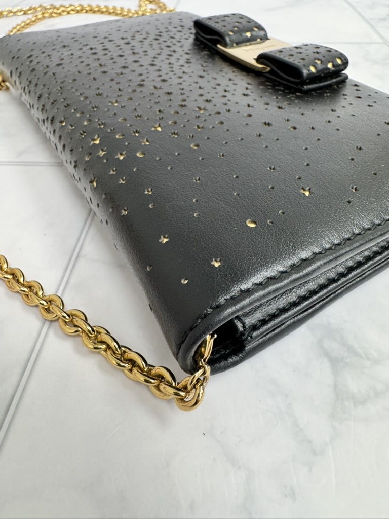 Salvatore Ferragamo Black Leather And Gold Perforated Stars Vara Wallet On A Chain