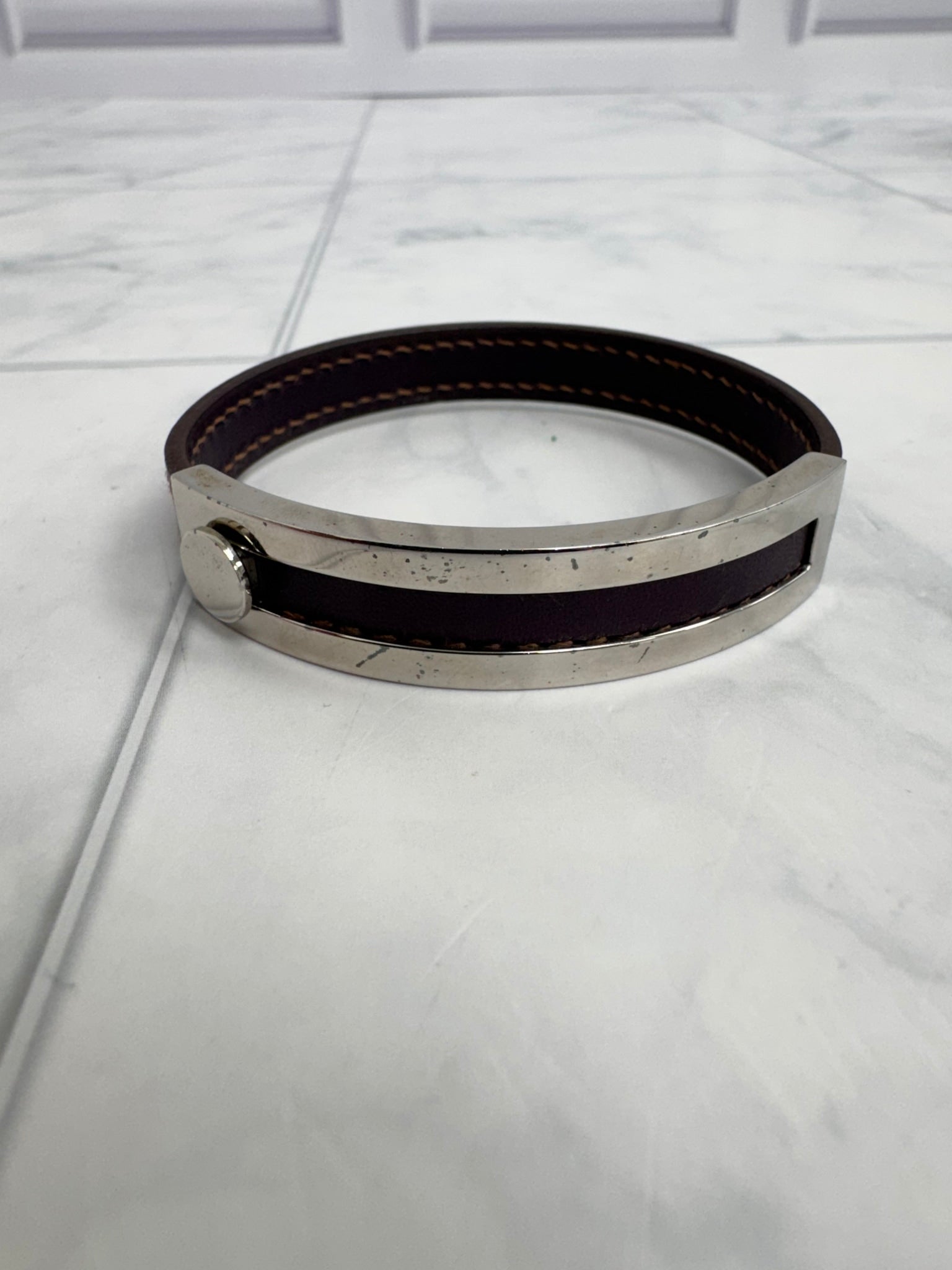 Hermes Deep Purple Calfskin Leather Puspus Bangle Bracelet