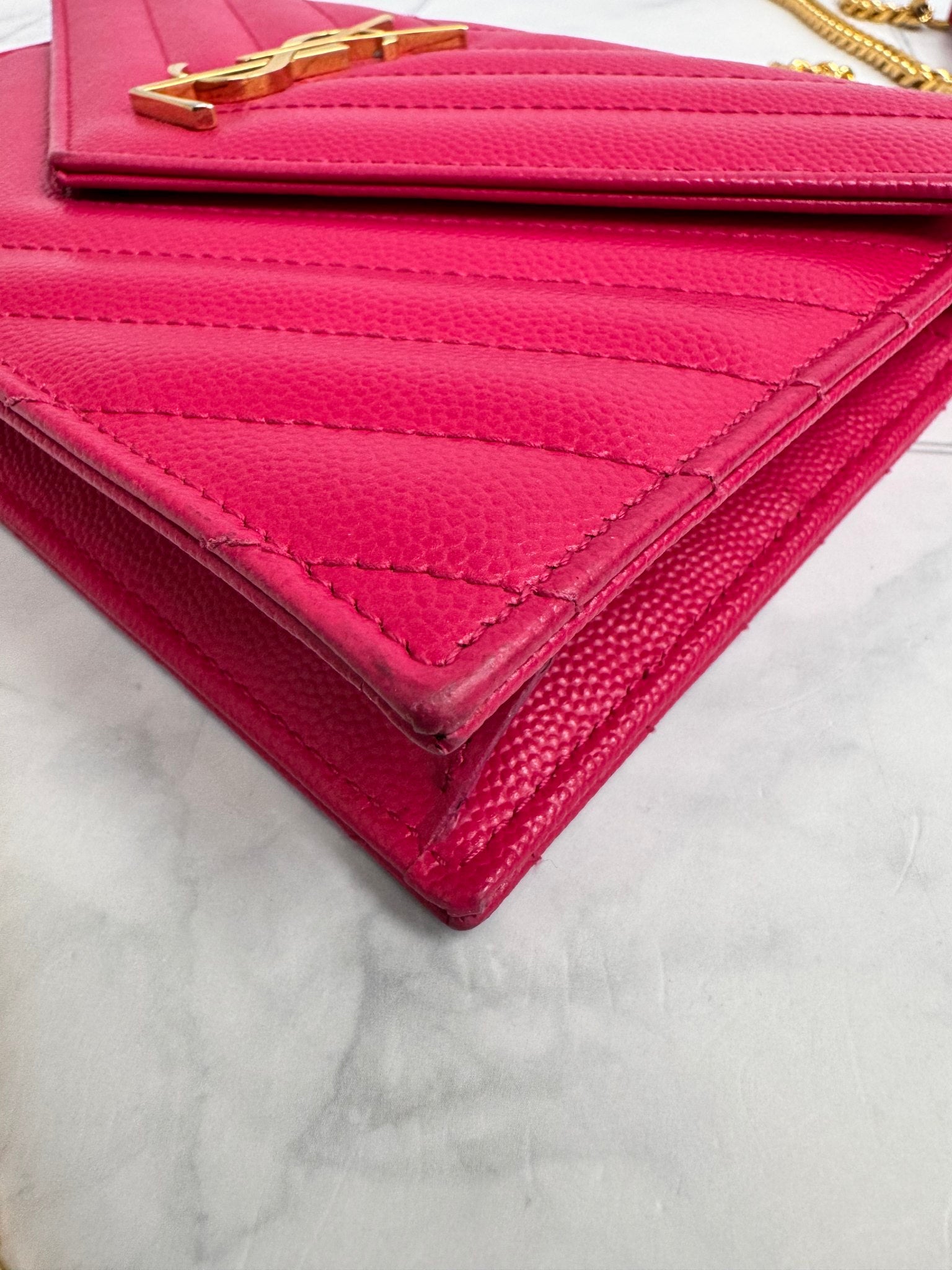 Saint Laurent YSL Pink Chevron Quilted Pebbled Leather Small Envelope Wallet On A Chain