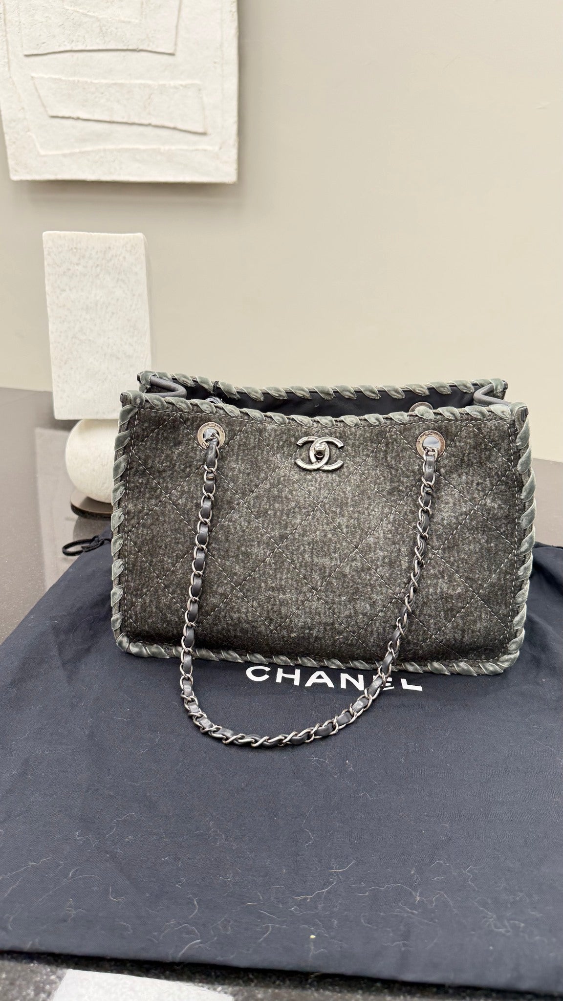 Chanel Grey Quilted Wool & Velvet Stitched CC Large Tote