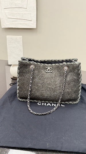 Chanel Grey Quilted Wool & Velvet Stitched CC Large Tote
