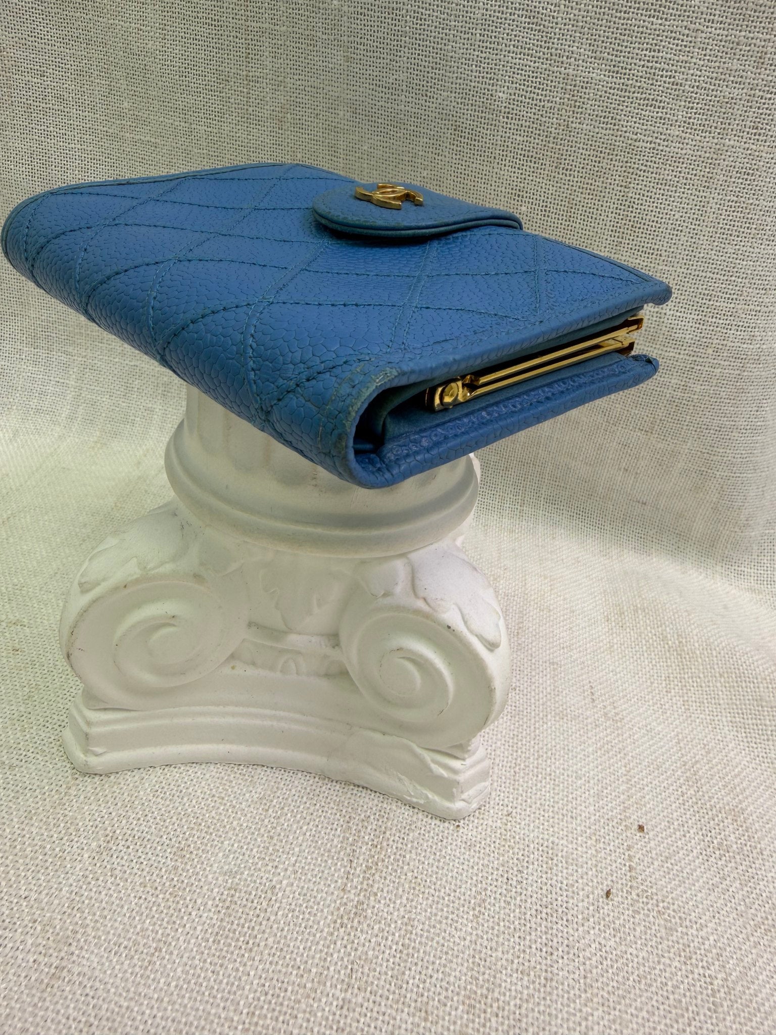 Chanel Blue Quilted Caviar Kisslock Compact Wallet