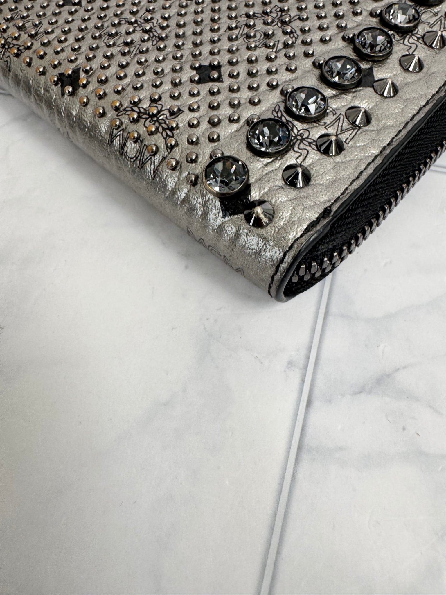 MCM Metallic Silver Visetos Leather Studded Zippy Wallet