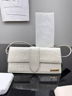 LIKE NEW - Jacquemus White Croc Embossed Leather Le Bambino Long Shoulder Bag