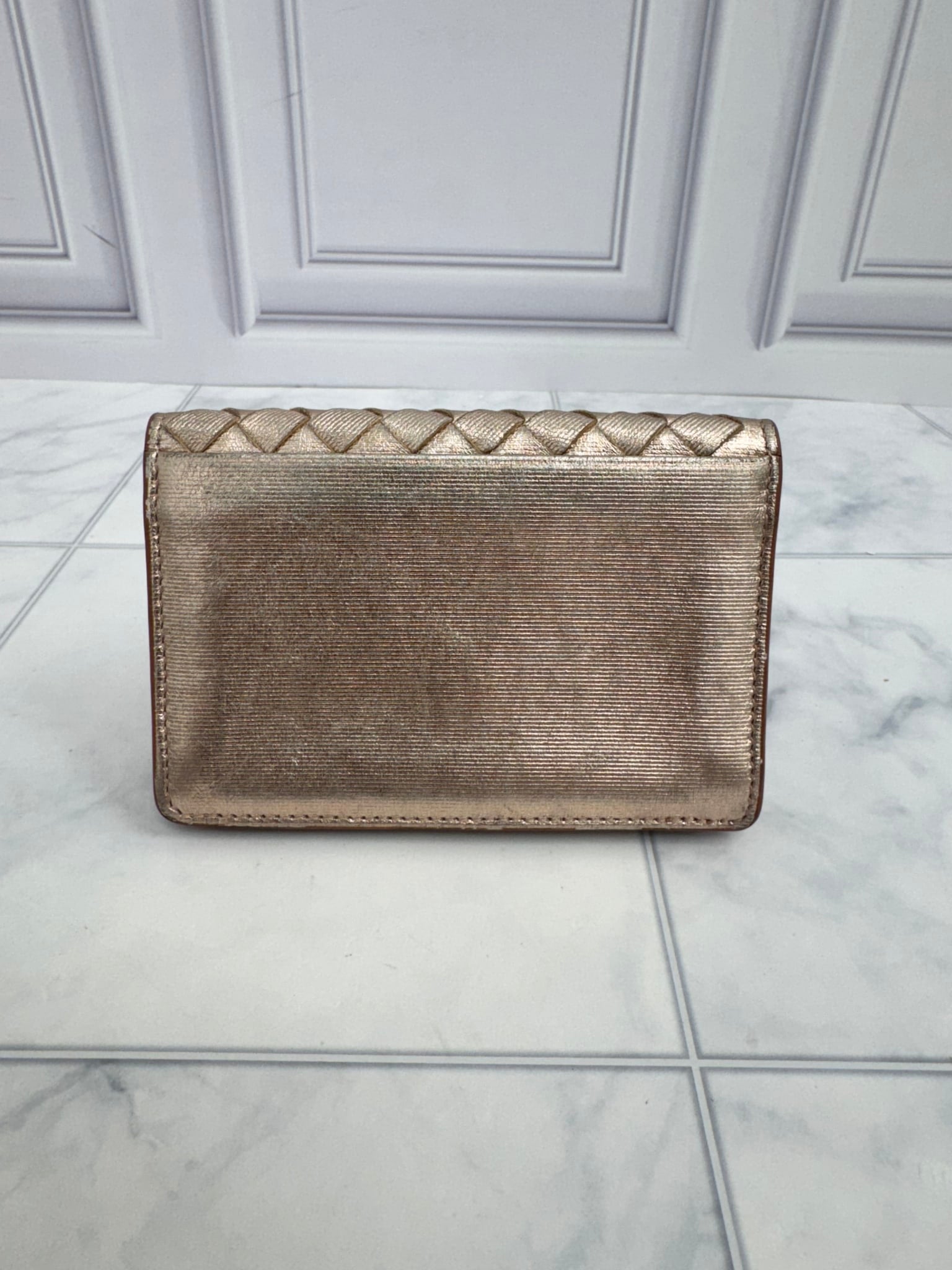 Bottega Veneta Metallic Pink Intrecciato Leather Card Case