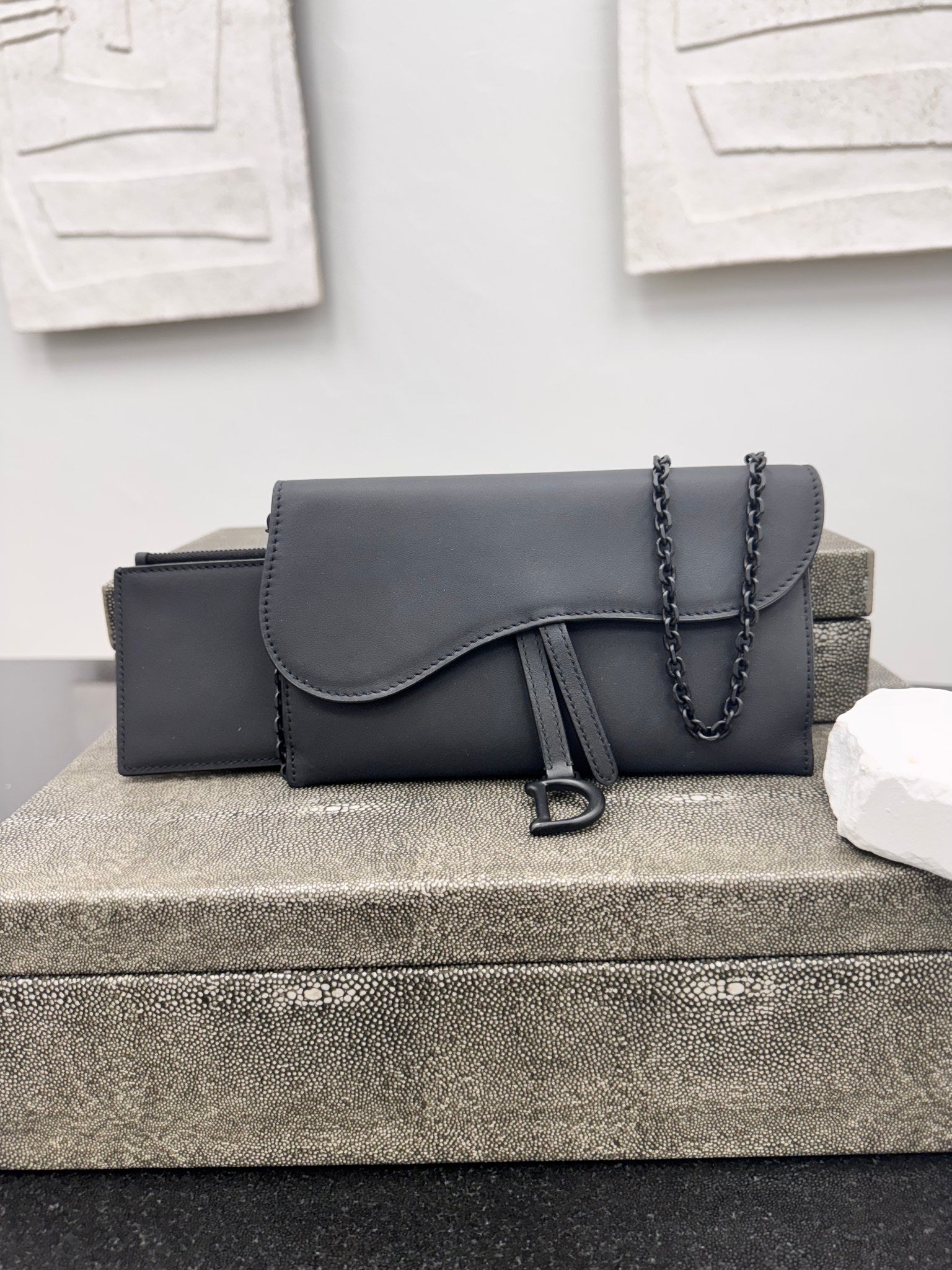 Christian Dior Black Ultra Matte Calfskin Long Saddle Wallet On A Chain