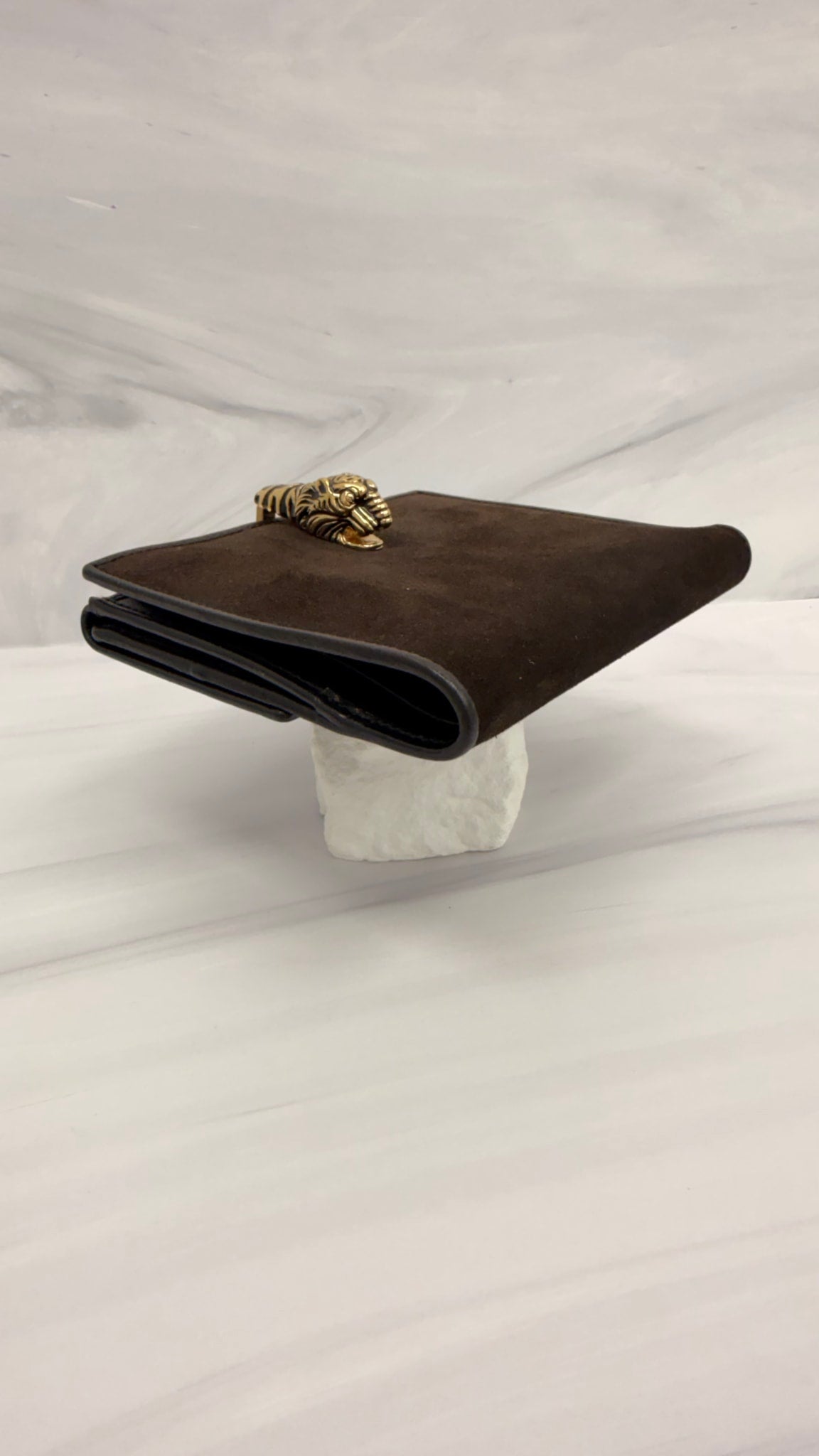 Gucci Brown Suede Leather Tiger Head Compact Wallet 