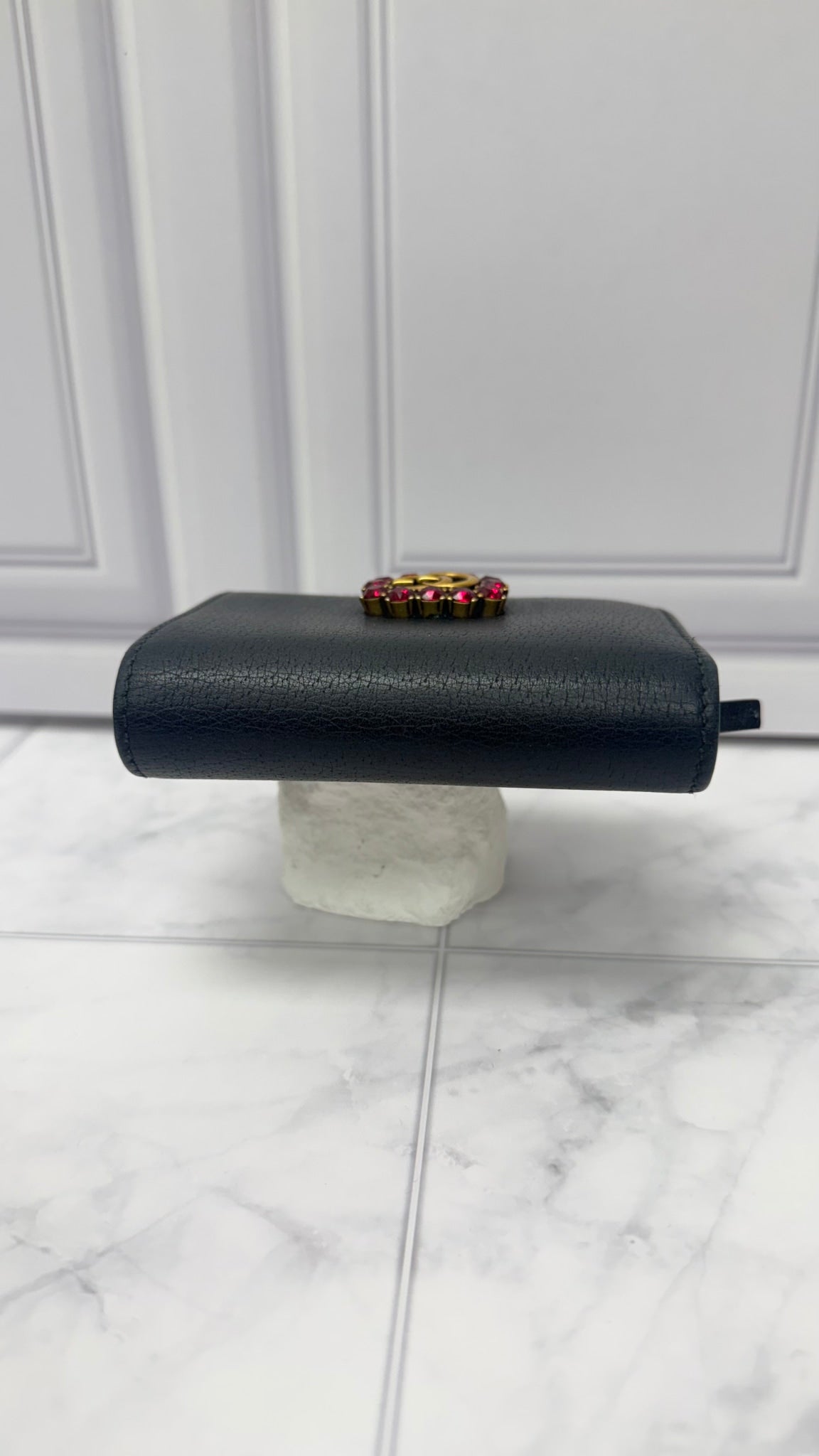 Gucci Black Leather Rhinestone Compact Wallet 