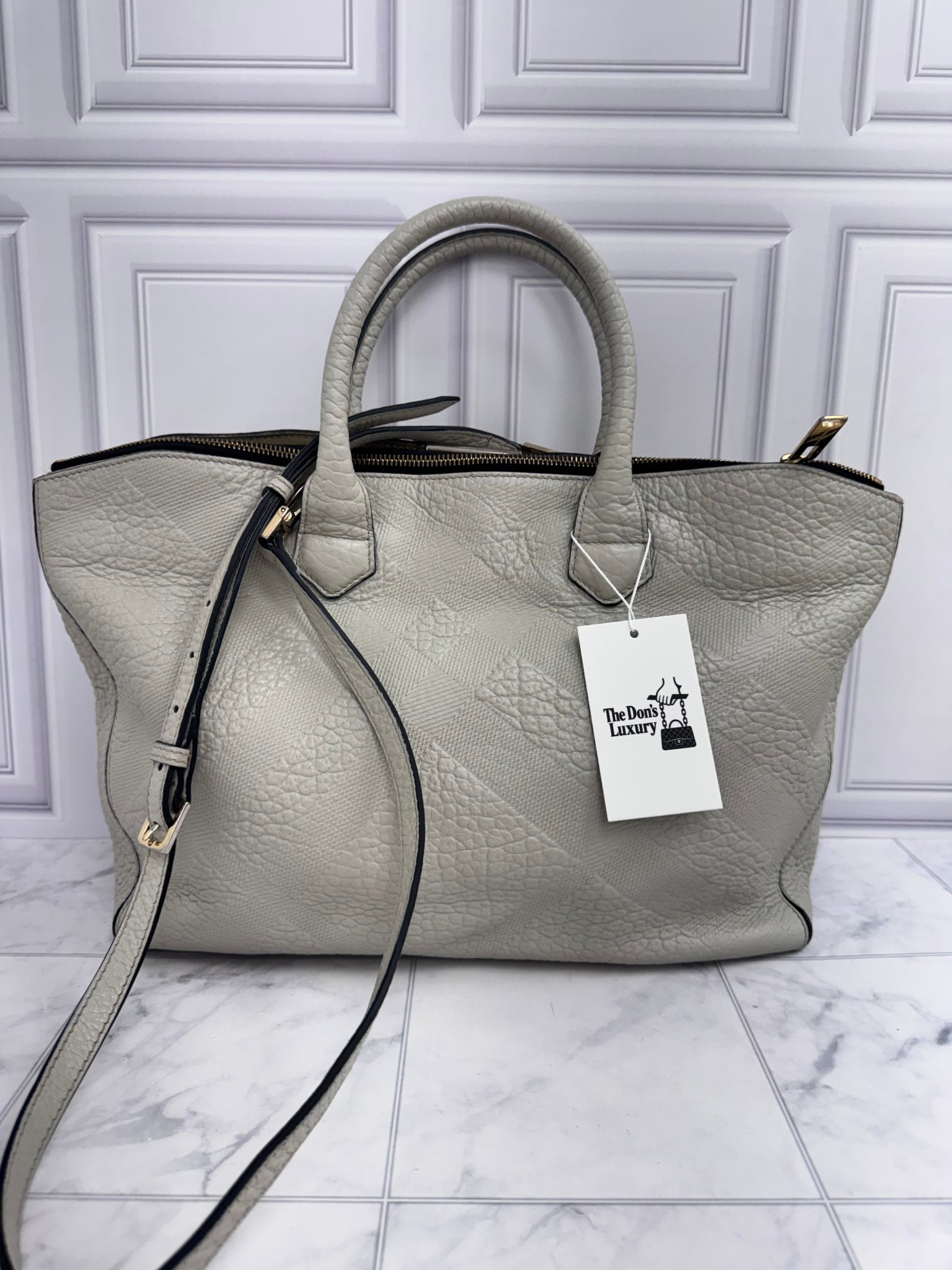 Burberry Grey Heritage Grain Check Embossed Medium Dewsbury Tote Bag
