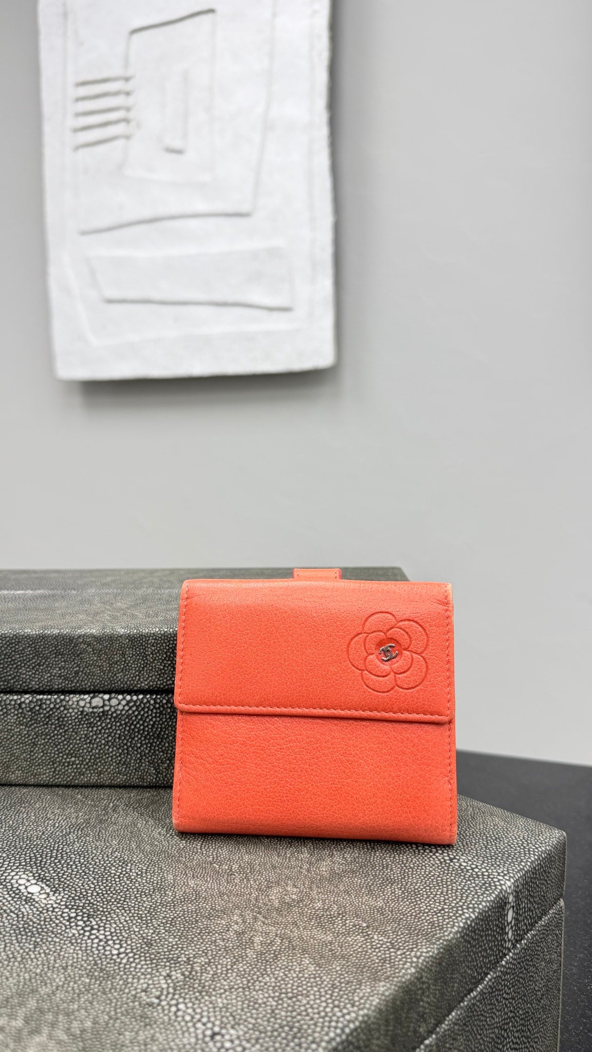 Chanel Orange Leather Camellia Compact Wallet 