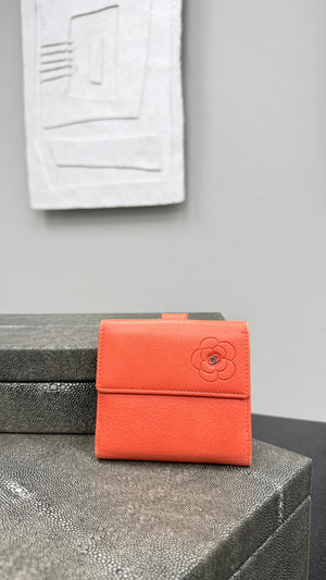 Chanel Orange Leather Camellia Compact Wallet