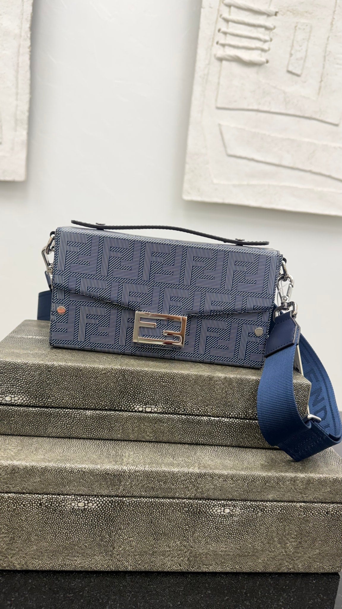 Fendi Navy Blue Leather Baguette Soft Trunk Crossbody Bag 