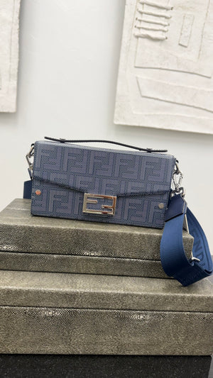 Fendi Navy Blue Leather Baguette Soft Trunk Crossbody Bag