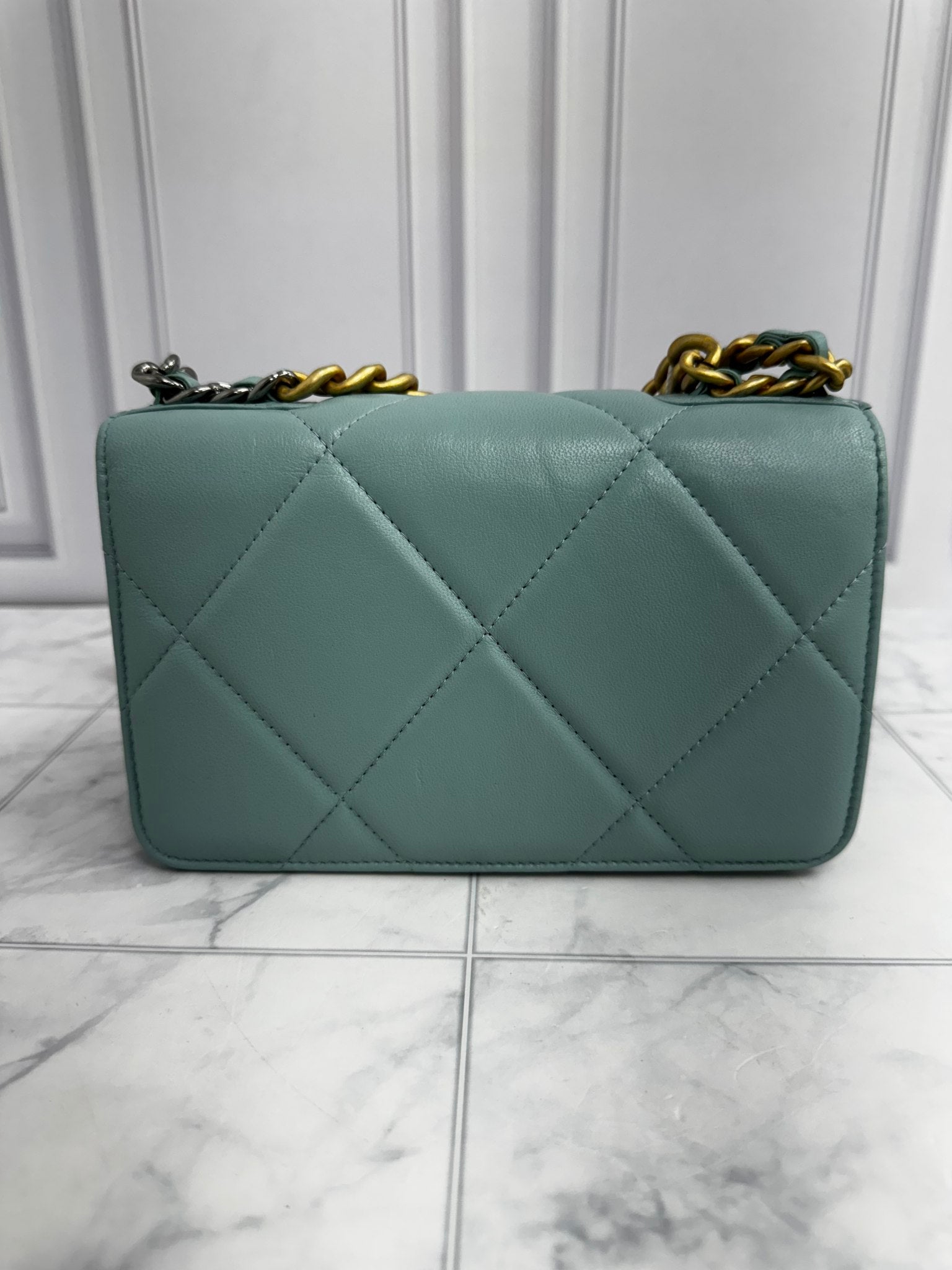 Chanel 19 Teal Quilted Lambskin Leather Wallet On A Chain