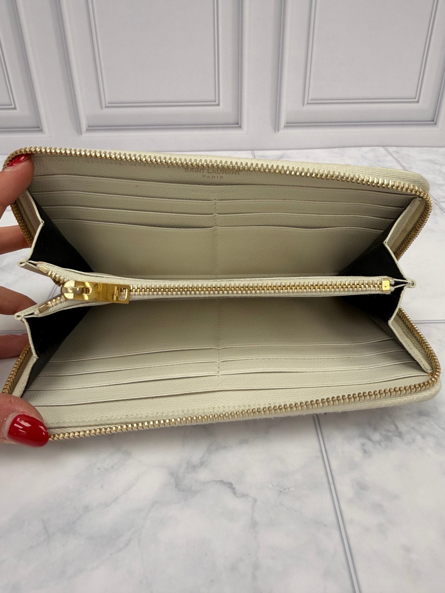 Saint Laurent YSL Cream Chevron Leather Continental Wallet 