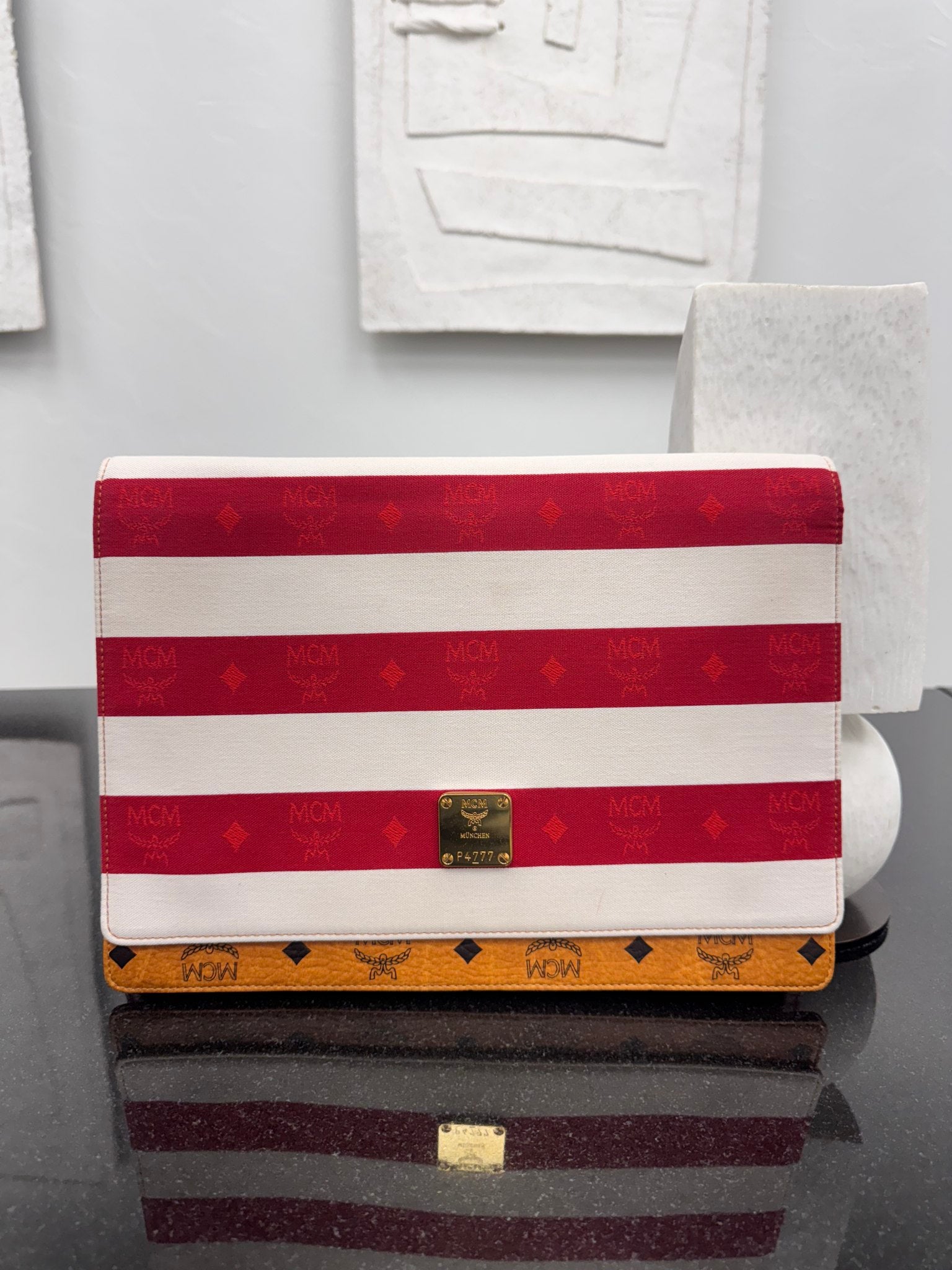 MCM Red & White Striped Visetos Canvas Clutch Bag