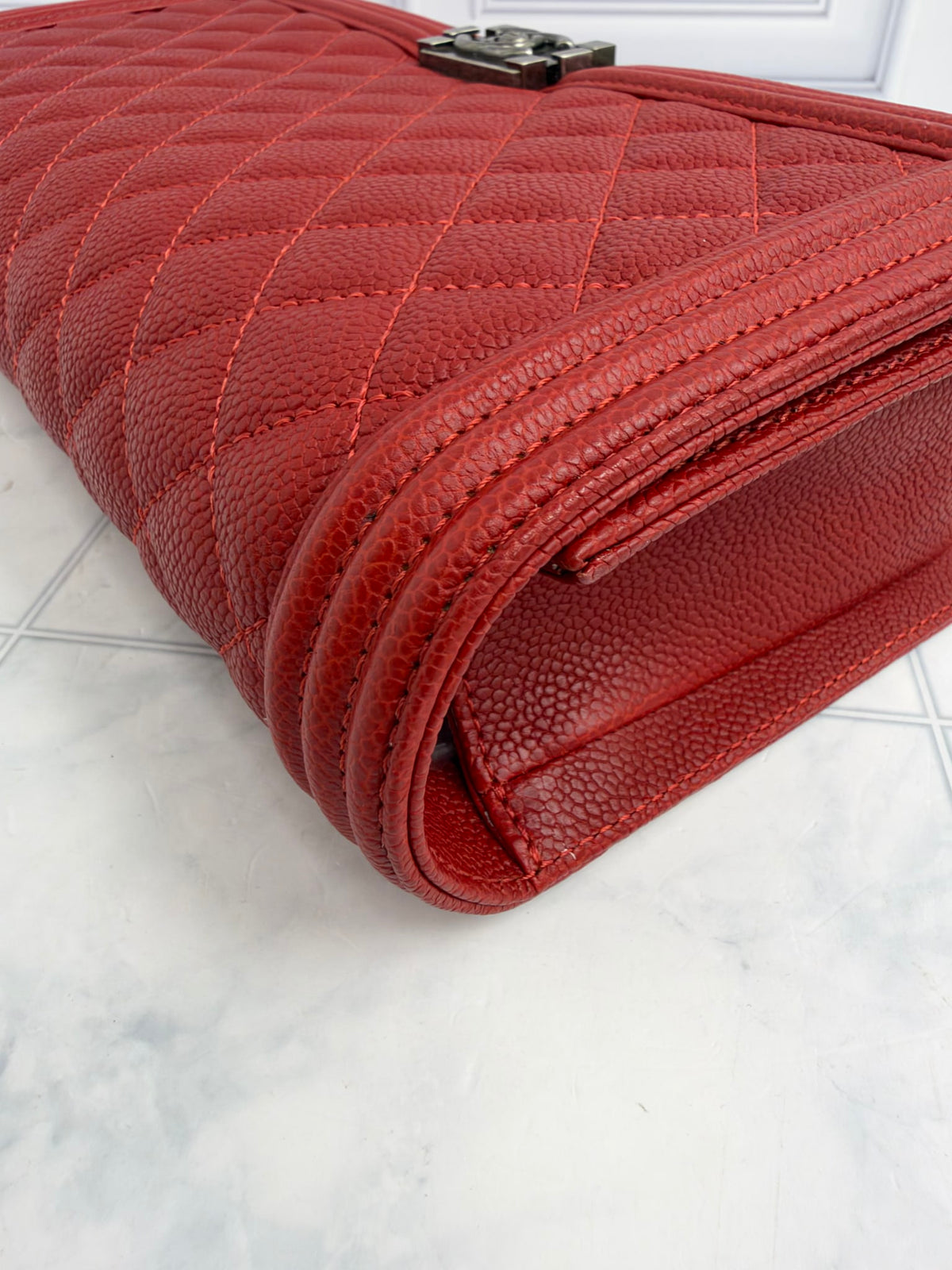 Chanel Red Quilted Caviar Leather Boy Flap Clutch Bag