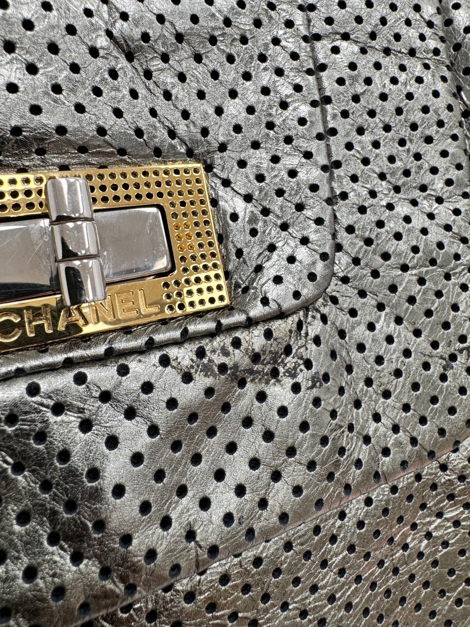 Chanel Metallic Silver Perforated Crackled Calfskin Large Drill Tote Bag